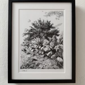 Rimo Lausmaa raamitud joonistus "Traces of the Sea" 29x37